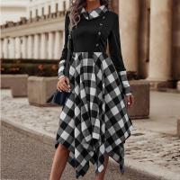 Polyester One-piece Dress irregular & mid-long style plaid black PC