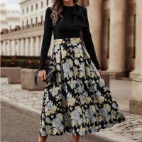 Polyester Slim One-piece Dress mid-long style jacquard floral black PC