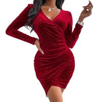 Polyester Sexy Package Hip Dresses deep V Solid PC