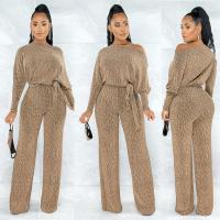 Polyester Long Jumpsuit flexible & with belt & loose Solid gold PC