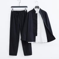 Cotton Linen Plus Size Men Casual Set & three piece & loose Pants & top & coat Solid Set