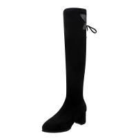 Suede chunky Knee High Boots bowknot pattern black Pair