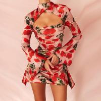 Polyester Sexy Package Robes hip Imprimé Floral Rouge pièce