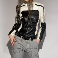 PU Leather Motorcycle Jackets contrast color patchwork PC