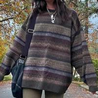 Polyester Women Sweater & loose knitted striped brown PC