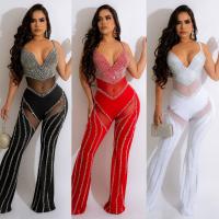Milk Fiber Long Jumpsuit see through look & deep V & with rhinestone iron-on Solid PC