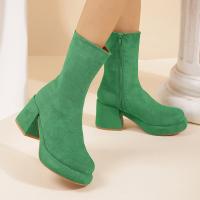 Suede heighten & side zipper & chunky & Plus Size Boots Solid green Pair