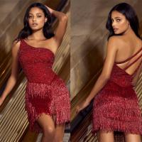 Polyester A-line & Tassels One-piece Dress backless & One Shoulder patchwork Solid wine red PC