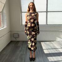 Polyester Step Skirt One-piece Dress mid-long style & hollow printed Plant multi-colored PC