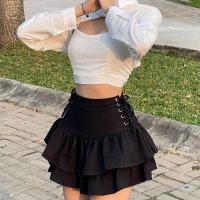 Cotton Pleated Skirt double layer patchwork Solid black PC