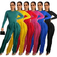 Spandex lace & Tassels Women Casual Set & two piece Long Trousers & teddy patchwork rainbow pattern PC