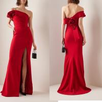Polyester Slim Long Evening Dress side slit & backless Solid red PC