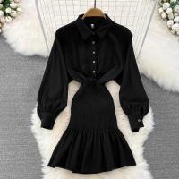 Chiffon Waist-controlled Sexy Package Hip Dresses slimming Solid black PC