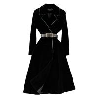 Velour Waist-controlled One-piece Dress slimming Solid black PC