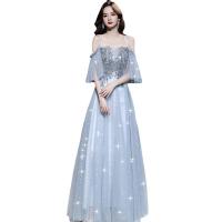 Polyester Slim & Plus Size Long Evening Dress backless & off shoulder patchwork blue PC