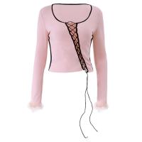 Polyester Slim Women Long Sleeve T-shirt & thermal patchwork Solid pink PC
