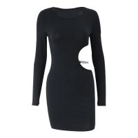 Polyester Slim & High Waist Sexy Package Hip Dresses & hollow patchwork Solid black PC
