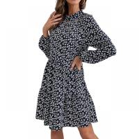 Polyester A-line One-piece Dress mid-long style printed shivering black PC