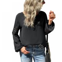 Polyester Women Long Sleeve Shirt & loose & hollow patchwork Solid black PC