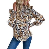 Polyester scallop Women Long Sleeve Shirt printed leopard khaki PC