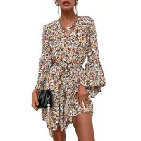 Polyester A-line One-piece Dress deep V printed Apricot PC