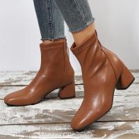 PU Leather back zipper & chunky Boots Solid Pair