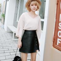 PU Leather High Waist Package Hip Skirt slimming Solid black PC