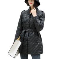 PU Leather & Cotton Women Coat mid-long style & loose & washable Argyle PC