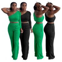 Spandex Women Casual Set & two piece & One Shoulder Long Trousers & top Solid Set