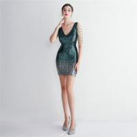 Sequin & Polyester Slim Short Evening Dress deep V Solid PC