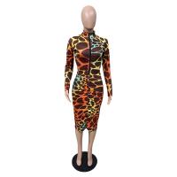 Polyester One-piece Dress mid-long style printed brown PC