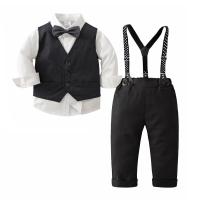 Cotton Boy Clothing Set & three piece suspender pant & vest & top plain dyed Solid black Set