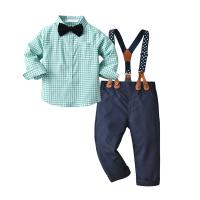 Cotton Baby Clothes Set & two piece suspender pant & top printed plaid green Set