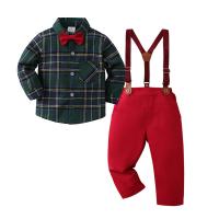 Cotton Boy Clothing Set & two piece suspender pant & top printed plaid red Set