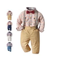 Cotton Boy Clothing Set & two piece suspender pant & top printed plaid Set