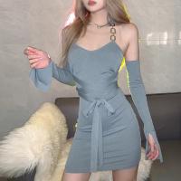 Polyester Slim & High Waist Sexy Package Hip Dresses with oversleeve Solid PC