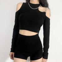 Polyester Slim Women Long Sleeve T-shirt & off shoulder Solid black PC