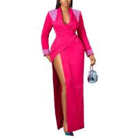 Polyester High Waist One-piece Dress side slit patchwork Solid fuchsia PC