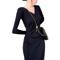 Polyester Slim & long style One-piece Dress slimming & deep V Solid : PC