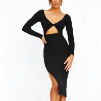 Rayon Sexy Package Hip Dresses mid-long style & deep V & side slit & skinny style Solid PC