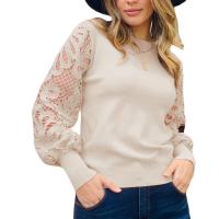 Rayon Women Long Sleeve T-shirt Lace patchwork Solid PC