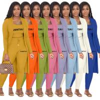 Cotton Women Casual Set & three piece Long Trousers & top & coat printed letter Set