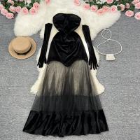 Polyester Waist-controlled Long Evening Dress large hem design patchwork black PC