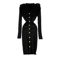 Knitted Slim One-piece Dress slimming & deep V Solid : PC