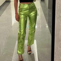 Fall fashion Women’s High Waist Long Trousers Straight Leg Shinny Pants with Pockets casual ladies trouser neon straight leg high waist green black pink women faux leather pants