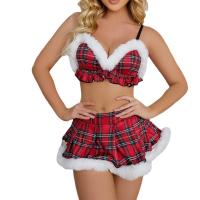 Spandex Schoolgirl Costume backless & two piece skirt & top printed plaid red Set