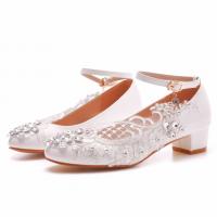 Synthetic Leather buckle & chunky High-Heeled Shoes & with rhinestone white Pair