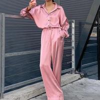 Satin Women Casual Set & two piece Long Trousers & top patchwork Solid pink Set