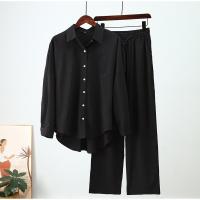 Polyester Plus Size Women Casual Set & two piece Wide Leg Trousers & long sleeve shirt patchwork Solid Set