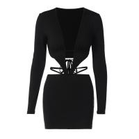 Polyester Slim Sexy Package Hip Dresses deep V & hollow patchwork Solid black PC